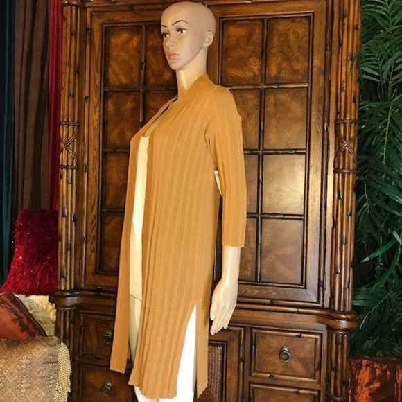 Chico's Sandstone Pleated Cotton Blend High Side Slit Open Front Duster - Picture 2 of 12